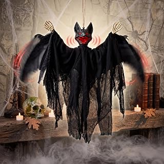 Rtteri Animated Hanging Halloween Flying Bats Decor, Flapping Wing | Battery Operated, 54 x 44 cm Size, Pre-attached String, Indoor Outdoor Use, Scary Sound Effects, Haunted House Prop
