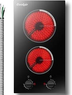 Cooksir 2 Burner Electric Cooktop 220V Hard Wired 3000W Built-in | 12 Inch Two Burner Electric Stove Top with 9 Power Level, Knob Control, Residual Heat Indicator, 240V Hard Wired (No Plug)