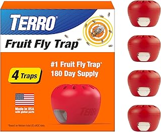TERRO Fruit Fly Trap 4-Pack, 180 Day Lure Supply, Food-Based Lure | Apple-Shaped Design for Kitchen Counters, Fruit Bowls, Trash Cans, Food-Based Lure, Indoor Pest Control, Fruit Fly Killer