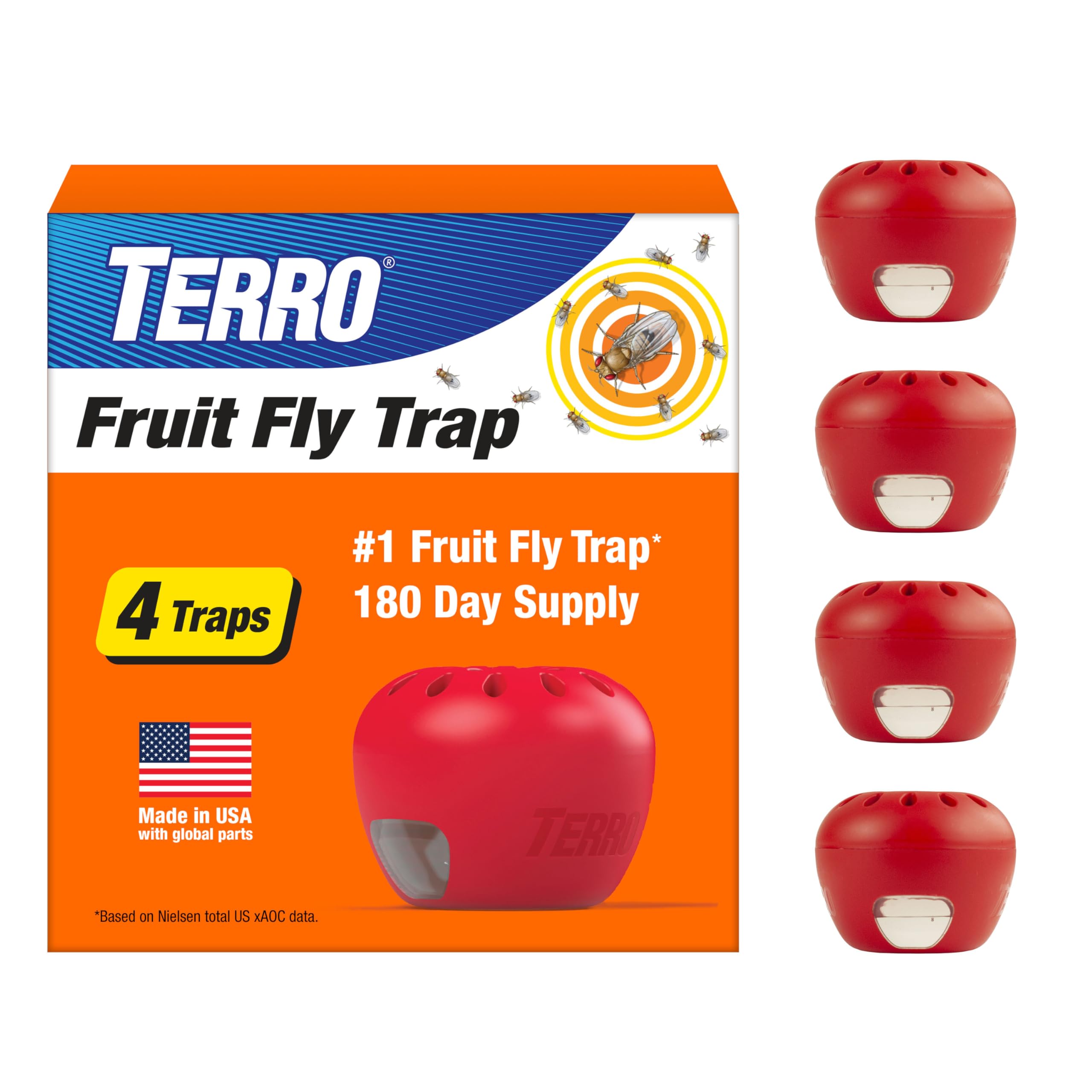 TERRO Fruit Fly Trap 4-Pack, 180 Day Lure Supply, Food-Based Lure | Apple-Shaped