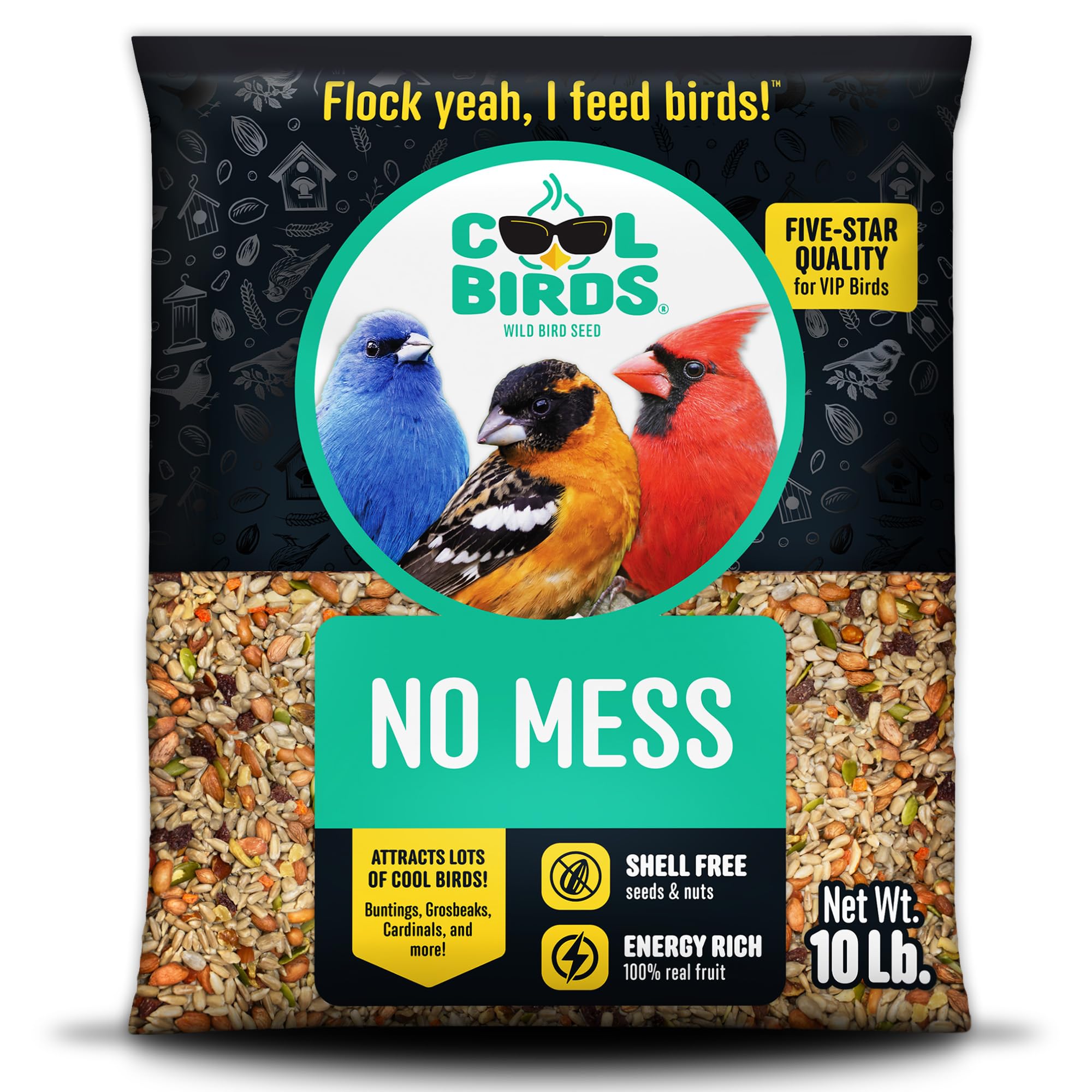 Cool Birds No Mess Wild Bird Seed, 10 lb | 100% Edible Shell-Free Blend of Sunfl