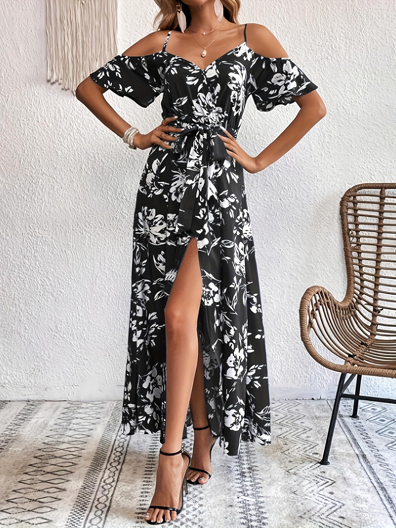 Women Floral Maxi Dress V Neck Slit Spaghetti Strap Dress Summer Tie Waist Boho 