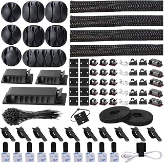 N NOROCME 192 PCS Cable Management Kit 4 Wire Organizer Sleeve | 11 Cable Holder,35Cord Clips 10+2 Roll Cable Organizer Straps,100 Fastening Cable Ties,for Computer TV Under Desk
