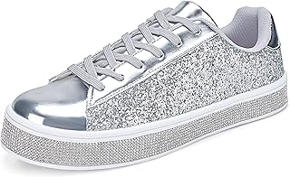 UUBARIS Women's Glitter Tennis Sneakers Neon Dressy Sparkly Sneakers Rhinestone Bling Wedding Bridal Shoes Shiny Sequin Shoes