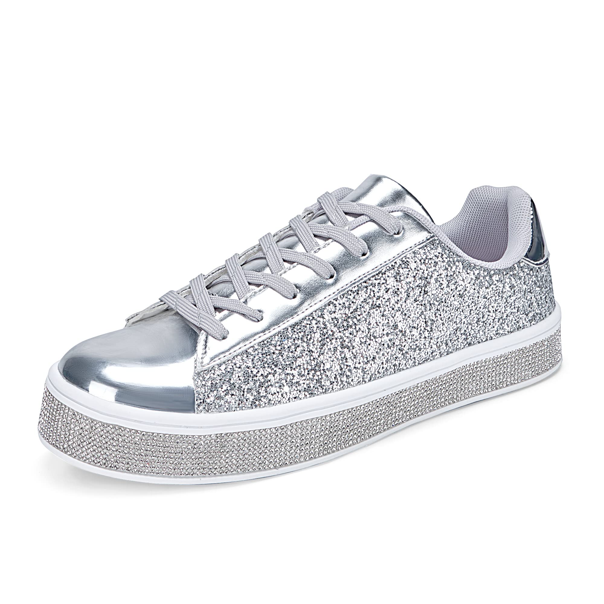 UUBARIS Women's Glitter Tennis Sneakers Neon Dressy Sparkly Sneakers Rhinestone 