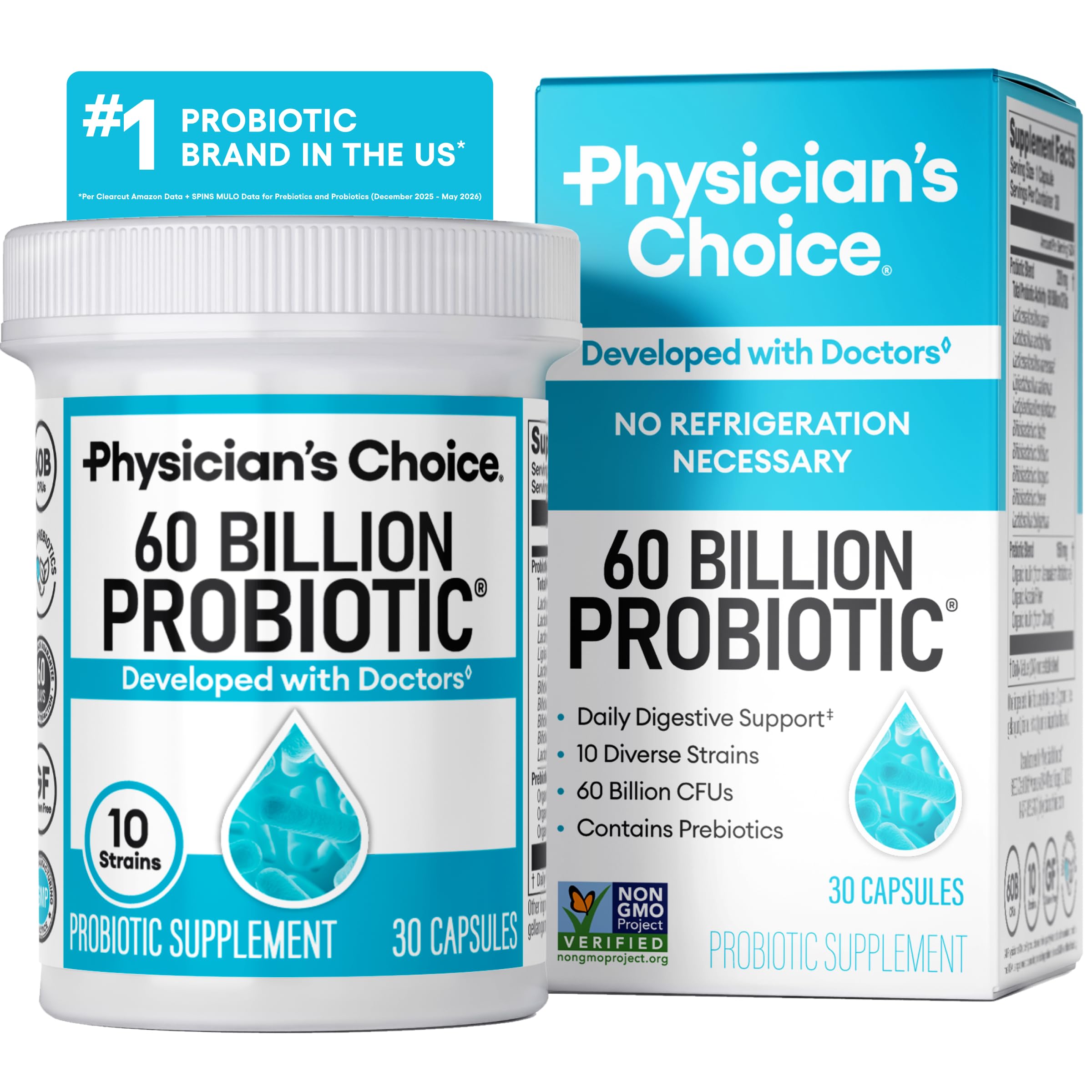 Physician's CHOICE Probiotics 60 Billion CFU - 10 Strains + Organic Prebiotics -