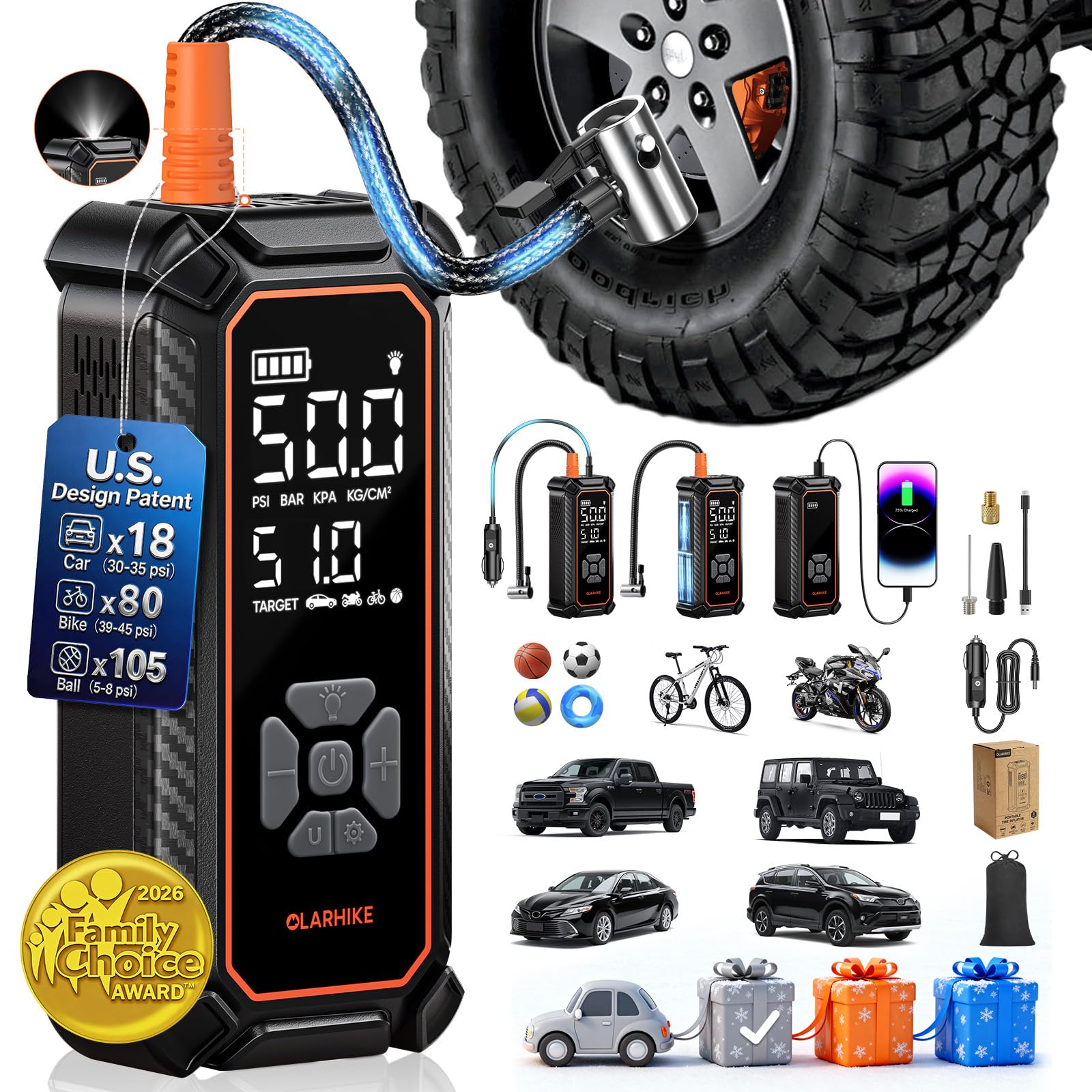 OlarHike Tire Inflator Portable Air Compressor,Dual Power-3*2000mAh &12V DC | Li