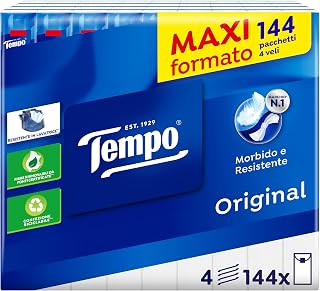 Tempo Pocket Handkerchiefs, 4 Ply 144 Packs | 144 Packs of 9 Handkerchiefs, 4 Ply, Stock Size, Individual Packs