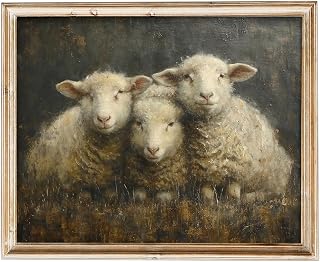 SQGGZH Vintage Easter Sheep Wall Art Prints, Modern Farmhouse Animal Canvas Oil Painting, Moody Summer Countryside Sheep Pasture Landscape Painting, Rustic Farm Animal Print for Gallery Bedroom, Kitchen, Living Room or Office -8" x 10"-UNFRAMED