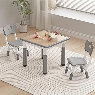 JONUTATO Kids Table and Chairs Height Adjustable Toddler Table and 2 Chairs | 23.6''L x 23.6''W Graffiti Desktop, Small Kids Tables for Age 3-8, Grey