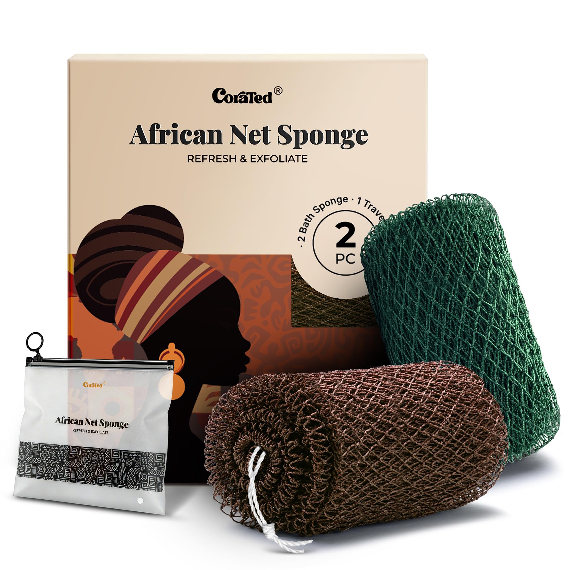 CORATED African Net Sponge Authentic, Shower Loofah Exfoliating Bath Sponge | Bo