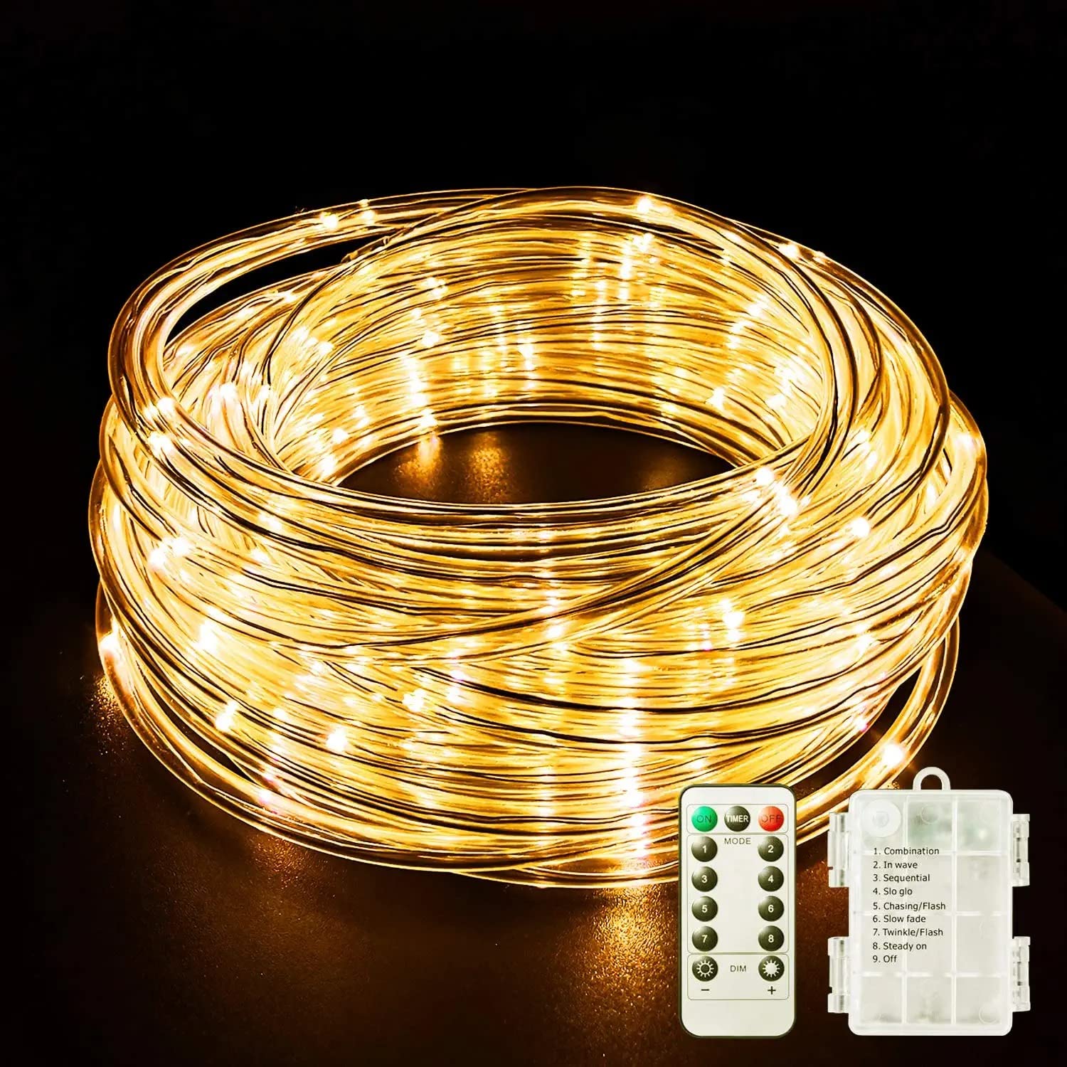 KINGCOO 200LED Battery Operated Rope Lights, Waterproof 20M 8Modes Copper Wire S