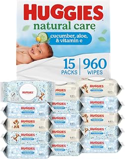 HUGGIES Natural Care Refreshing Baby Wipes, Scented, 15-Pack, 960 Wipes | Hypoallergenic, Dermatologist Tested, Plant-Based, 99% Water, Cucumber & Green Tea Scent