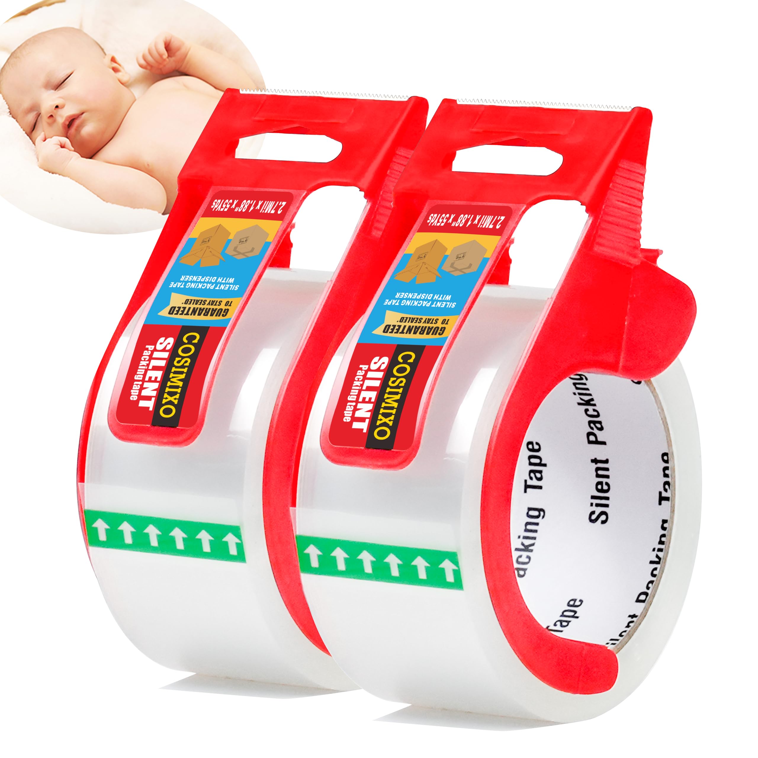 2-Pack No Noise Clear Packing Tape with Dispenser,2.7mil x 1.88" x 55Yds Heavy D