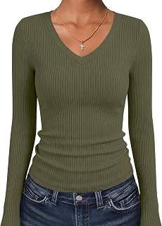 ANRABESS Women's Long Sleeve Shirts V-Neck Ribbed Kint Fall Tops