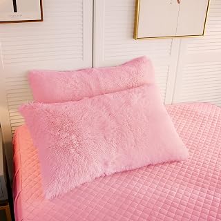 LIFEREVO Fluffy Faux Fur Standard Pillow Cases Set of 2, Pink