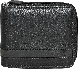 ROOTS Men's Faux Leather Zip Around RFID Protected Slim Bifold Wallet with 6 Card Slots and Double Bill Compartment, 1 ID Window, Black