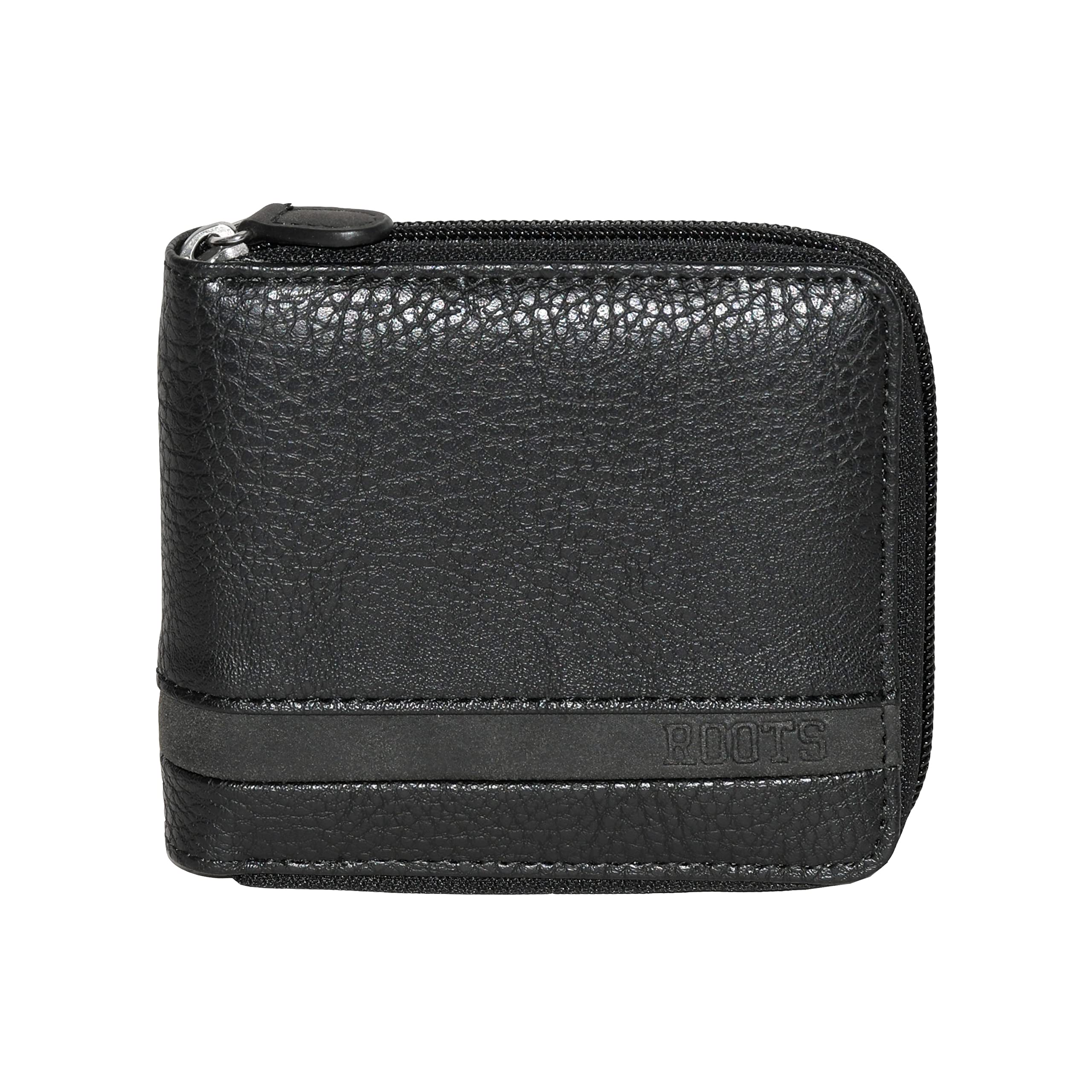 ROOTS Men's Faux Leather Zip Around RFID Protected Slim Bifold Wallet with 6 Car