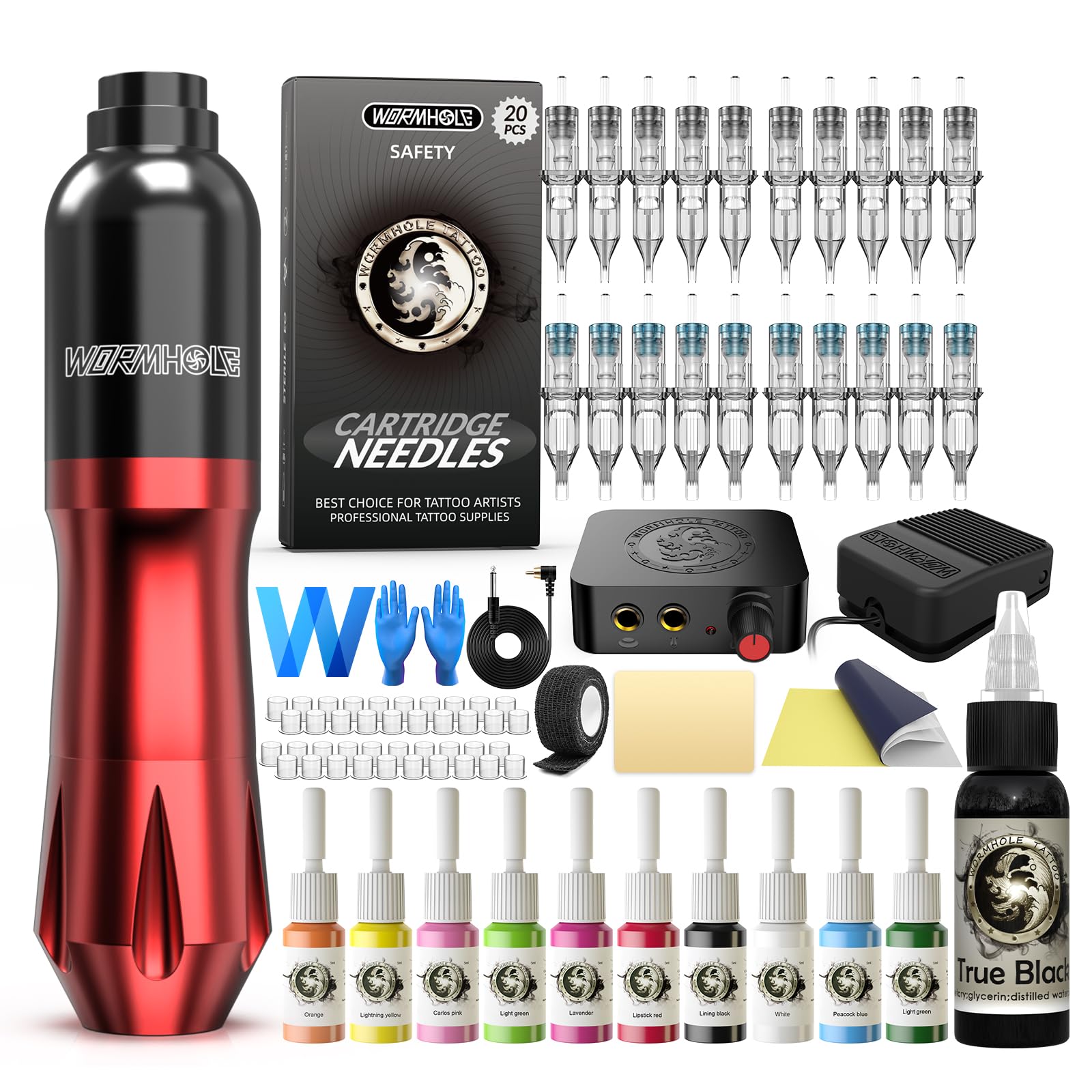 Wormhole Tattoo Kit Tattoo Pen Kit 20 Tattoo Cartridge Needles 10 Color Inks wit