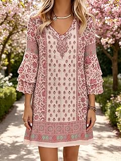 Women's Floral Print V Neck Bell Sleeve Vintage Lightweight Casual Holiday Beach Dress