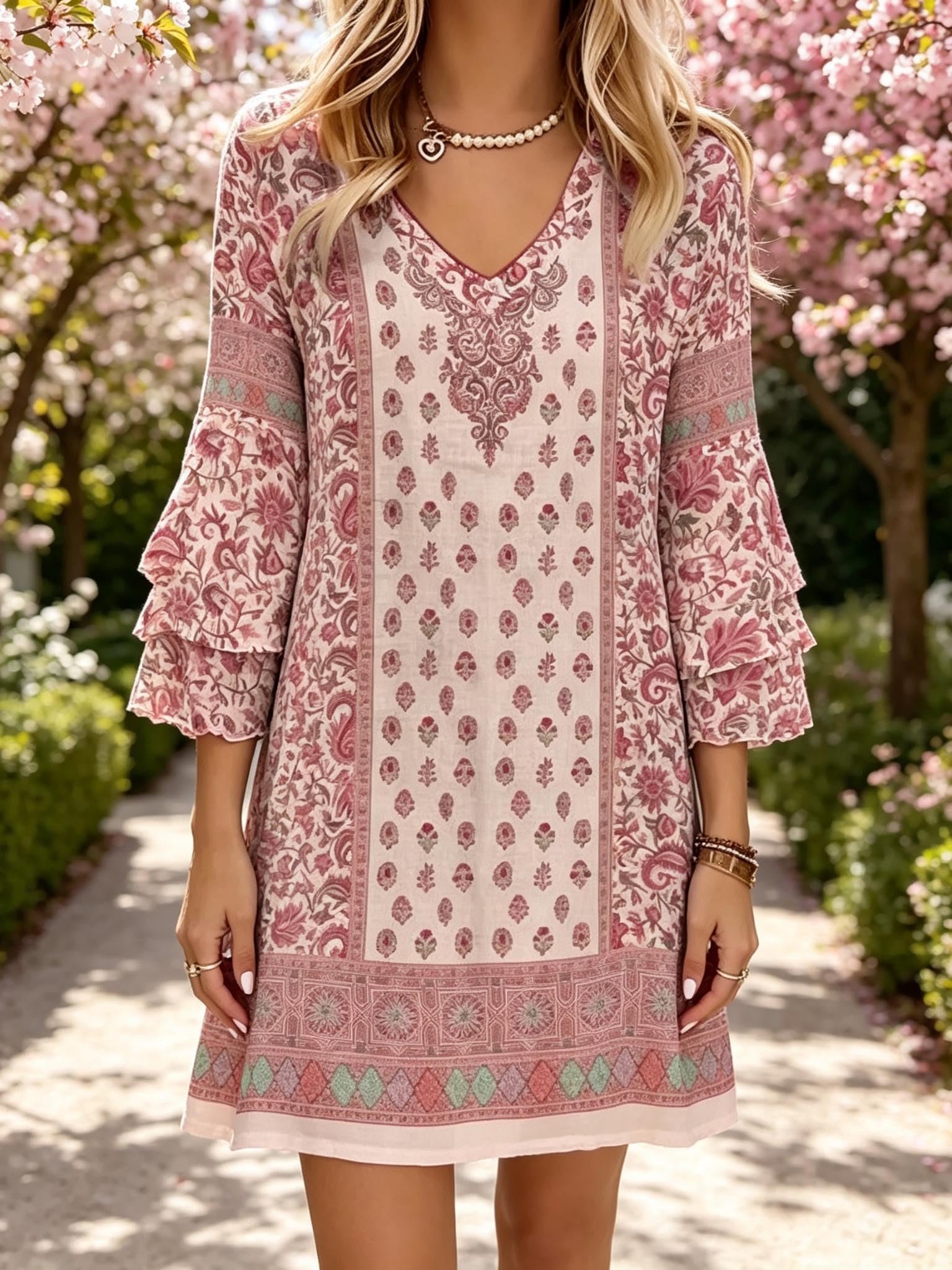 Women's Floral Print V Neck Bell Sleeve Vintage Lightweight Casual Holiday Beach