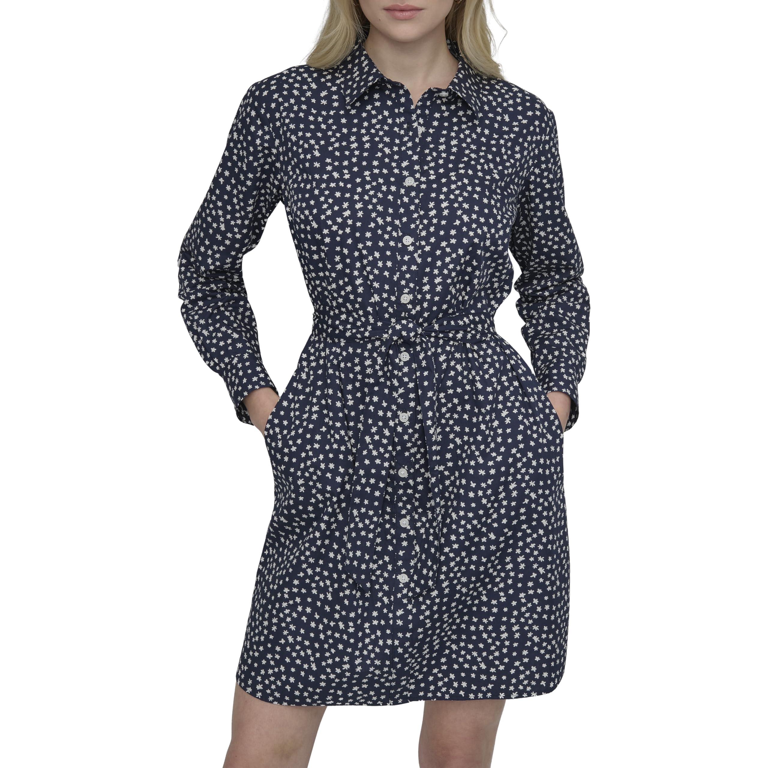 DKNY Womens Long Sleeve Collared Tie Fit & Flare Mini DressDress