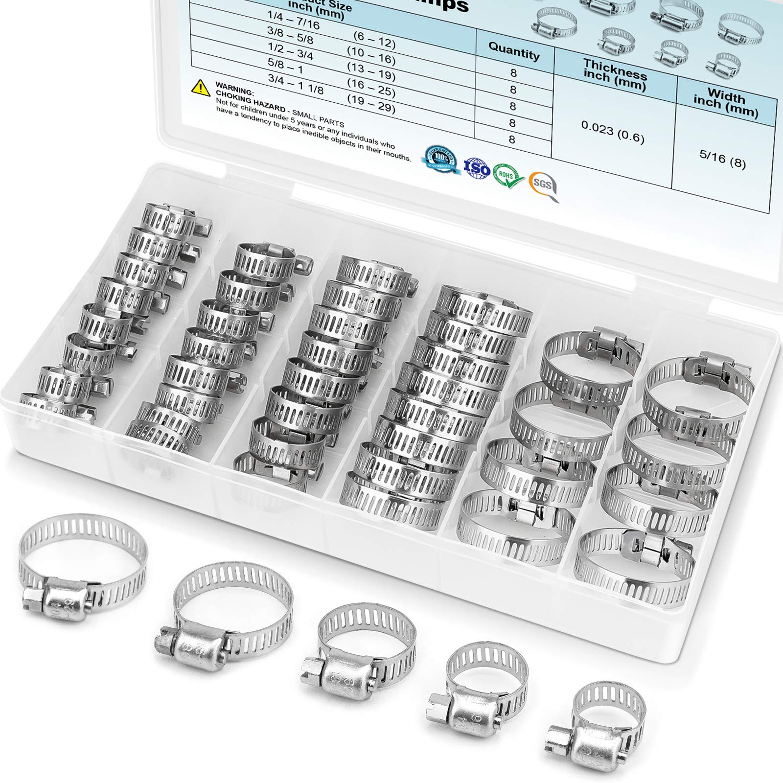 TICONN 40PCS Hose Clamps Set 304 Stainless Steel, 1/4''–1-1/8'' Worm Gear | Rust