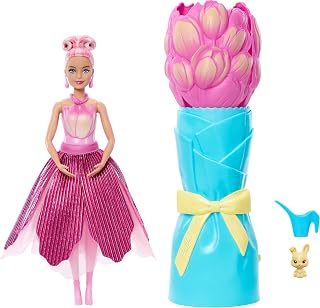 Barbie Petal Pop Scented Doll and Accessories | Fashion Doll Wearing Tulip Dress, Bouquet Reveal with Pet Bunny & Surprises, Ages 3+, JMF57