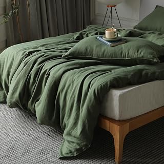 XZ XIFA 100% Washed French Flax Linen Duvet Cover Set – 3 Pieces, Cooling & Textured Farmhouse Bedding for Hot Sleepers, with Zipper Closure (Green, Queen)