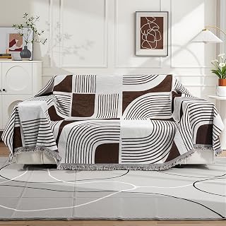 Chenille Sofa Cover for 3 Seater, Soft Washable Boho Couch Cover Slipcover with Tassel, All-Season Protection Couch Cover for Dogs, Couch Protector L Shaped Sofa Cover (Coffee, 180x300 cm)