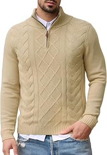 Les umes Pull Homme À Zip Quart en Coton Col Montant À Motifs Câblés Chaud Décontracté À Manches Longues Pulls