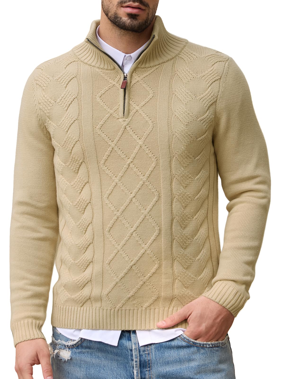 Les umes Pull Homme À Zip Quart en Coton Col Montant À Motifs Câblés Chaud Décon