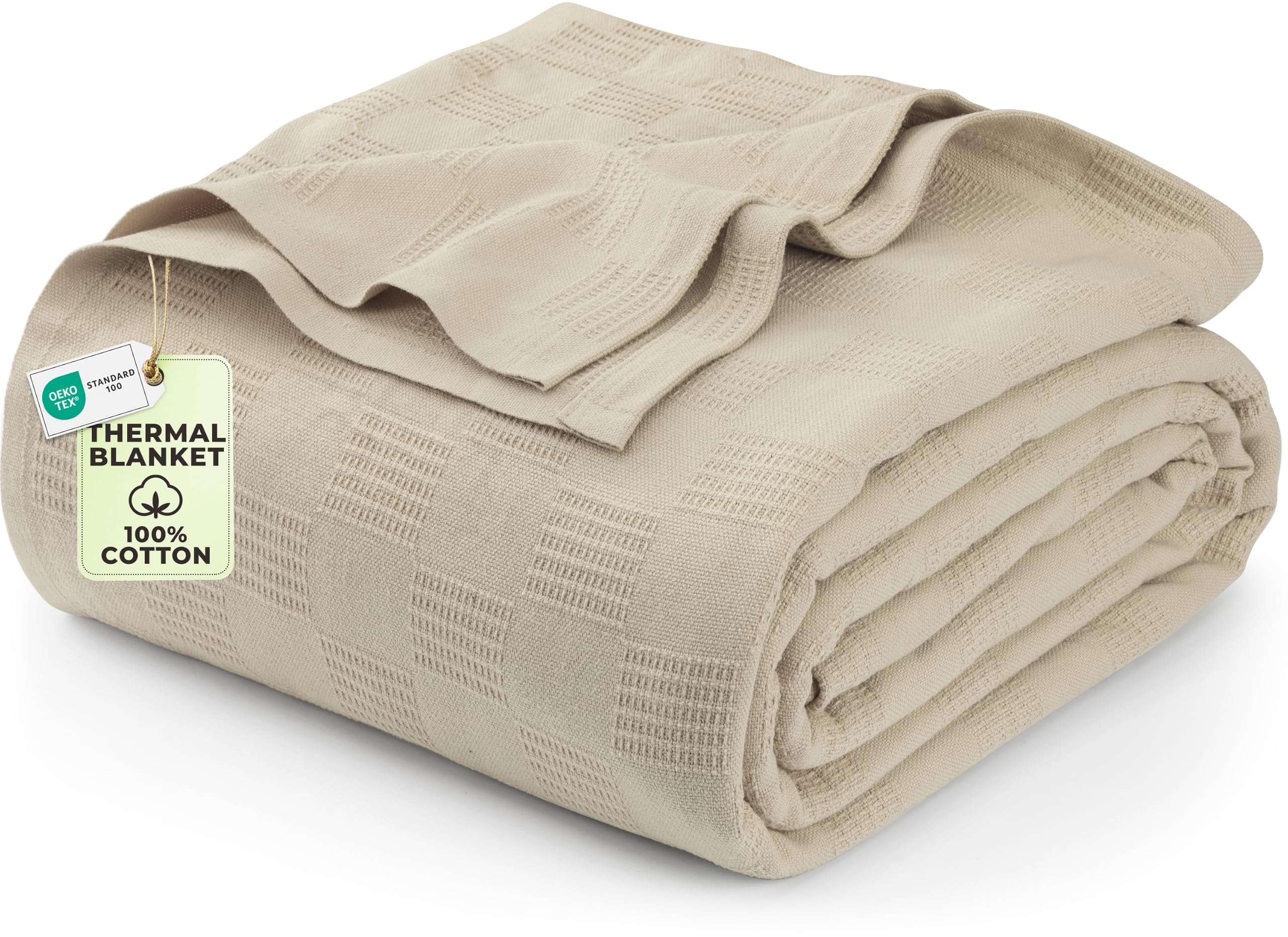 Utopia Bedding 100% Cotton Thermal Blanket Khaki Queen, 90x90 Inches | Lightweig