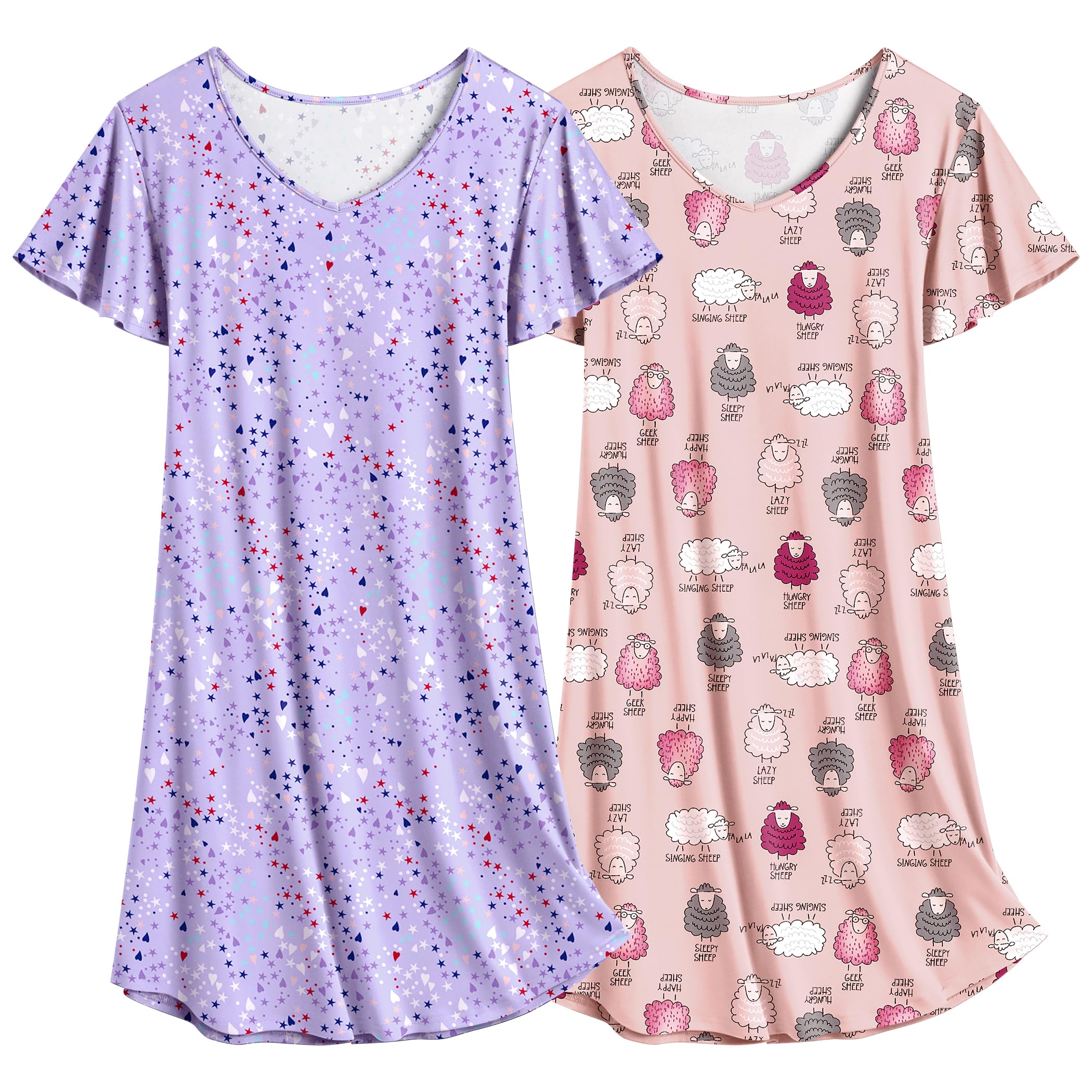 Ekouaer Women's Short Sleeve Nightgown, Pack of 2, Cute Printed Summer