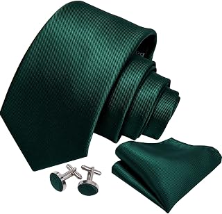 Deep Green Necktie Set for Men Striped Plaid Tie Solid Handkerchief Cufflinks Pocket Square Wedding Formal Business