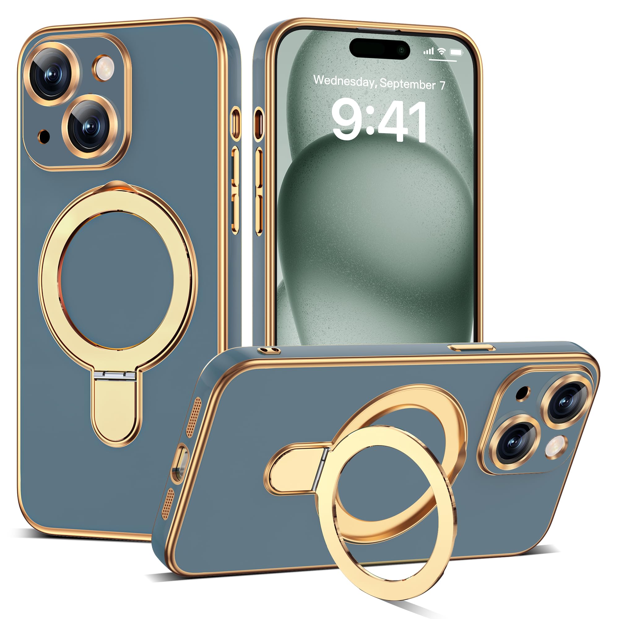 Plating Phone Case for iPhone 15 with Stand 6.1", Grey Blue