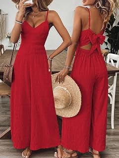 Women's Black Spaghetti Strap Jumpsuit - Back Tie Cut Out Wide Leg Romper