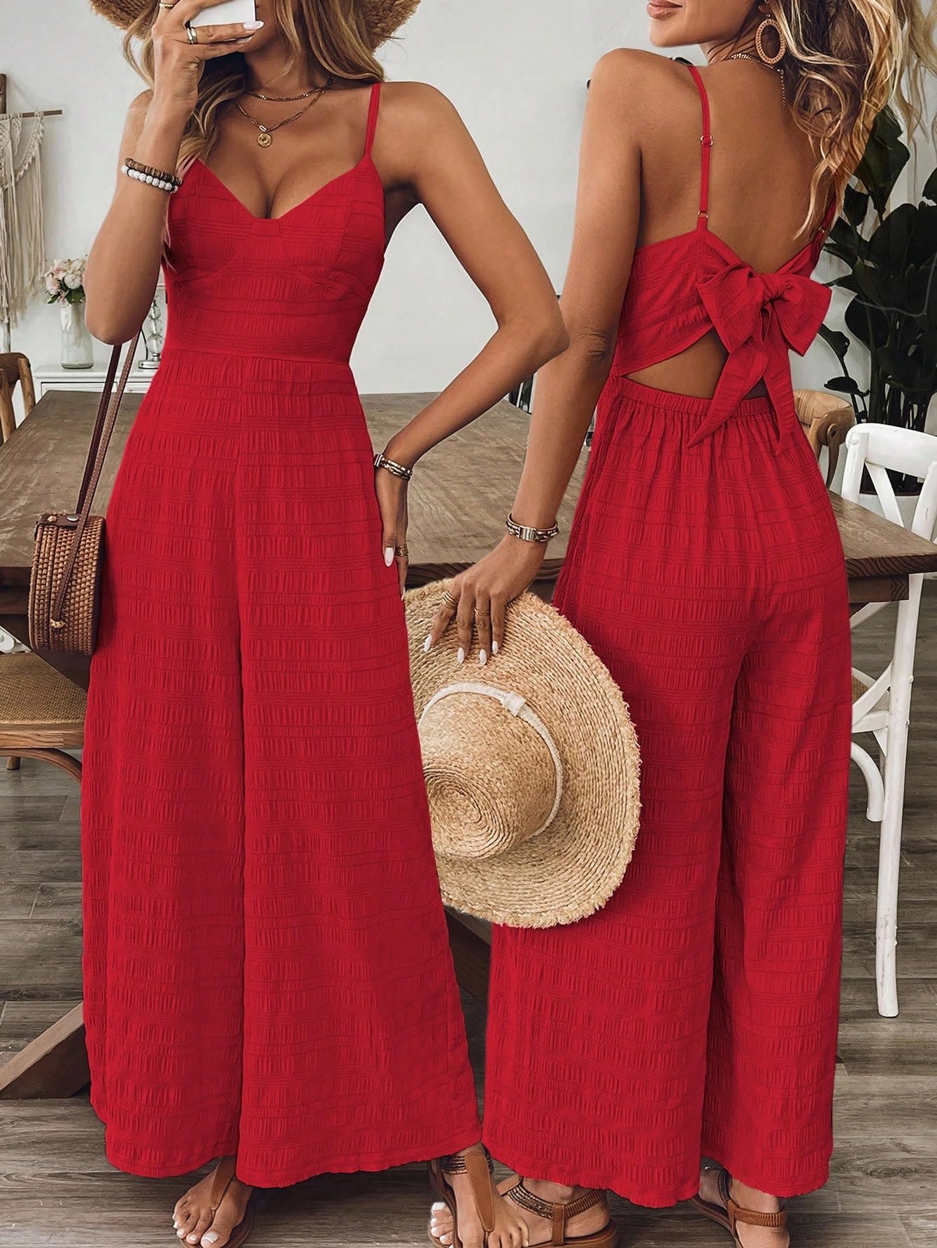 Women's Black Spaghetti Strap Jumpsuit - Back Tie Cut Out Wide Leg Romper