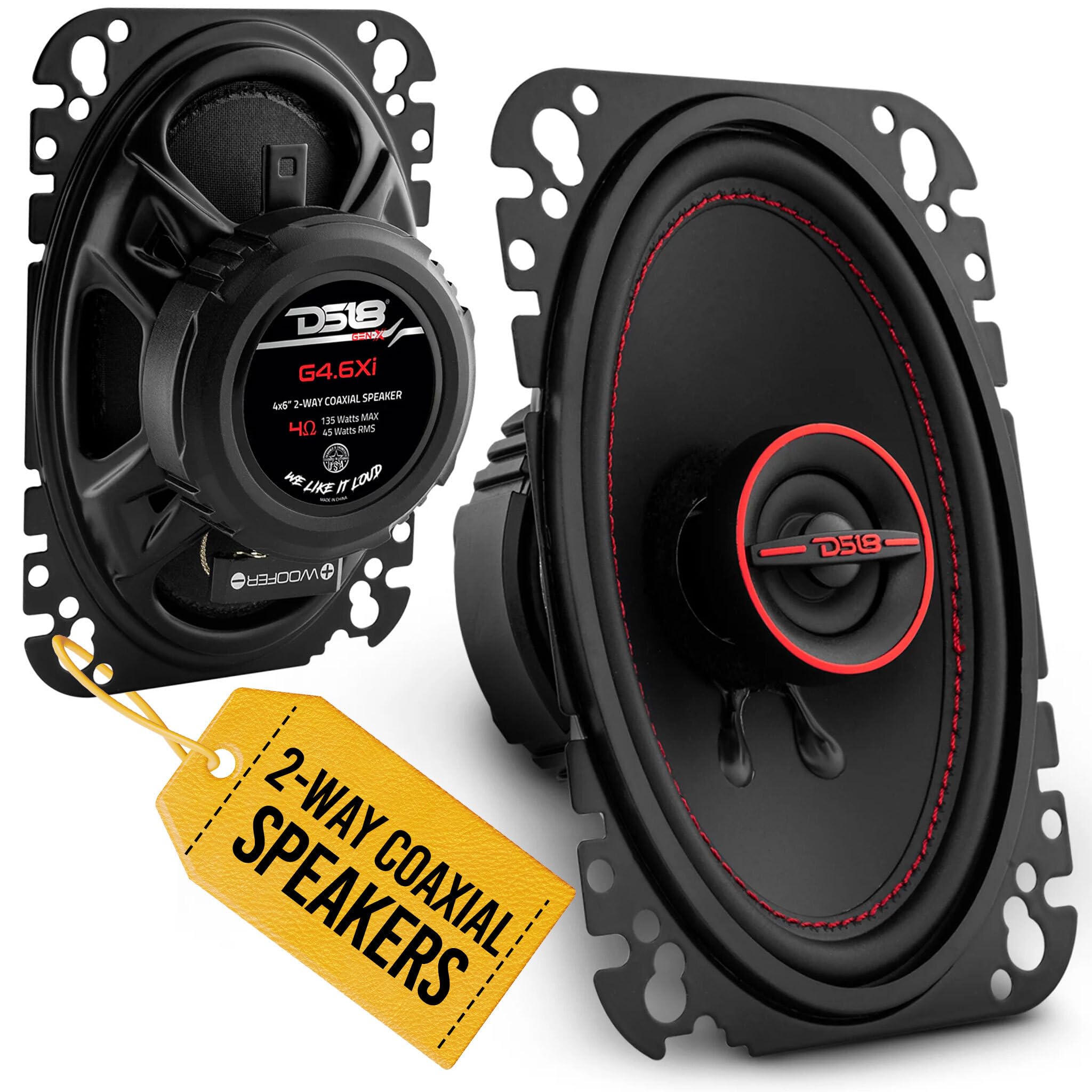 DS18 GEN-X4.6 Coaxial Speaker - 4x6, 2-Way, 135W Max, 45W RMS, Black Paper Cone,