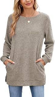 Famulily Women's Long Sleeve Elegant Crew Neck Ribbed Jumper with Loose Side Slits with Pockets