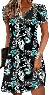 Zeagoo Women Casual Summer A-Line Pocket Floral Short Sleeve Mini Dress