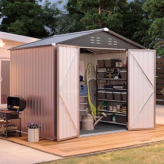 Aoxun 8'x6' Shed with Floor Galvanized Steel Outdoor Storage Shed Brown | Metal Garden Shed with Double Doors, Moisture-Proof Floor & Ventilation, Sloped Roof for Garden, Patio, Backyard