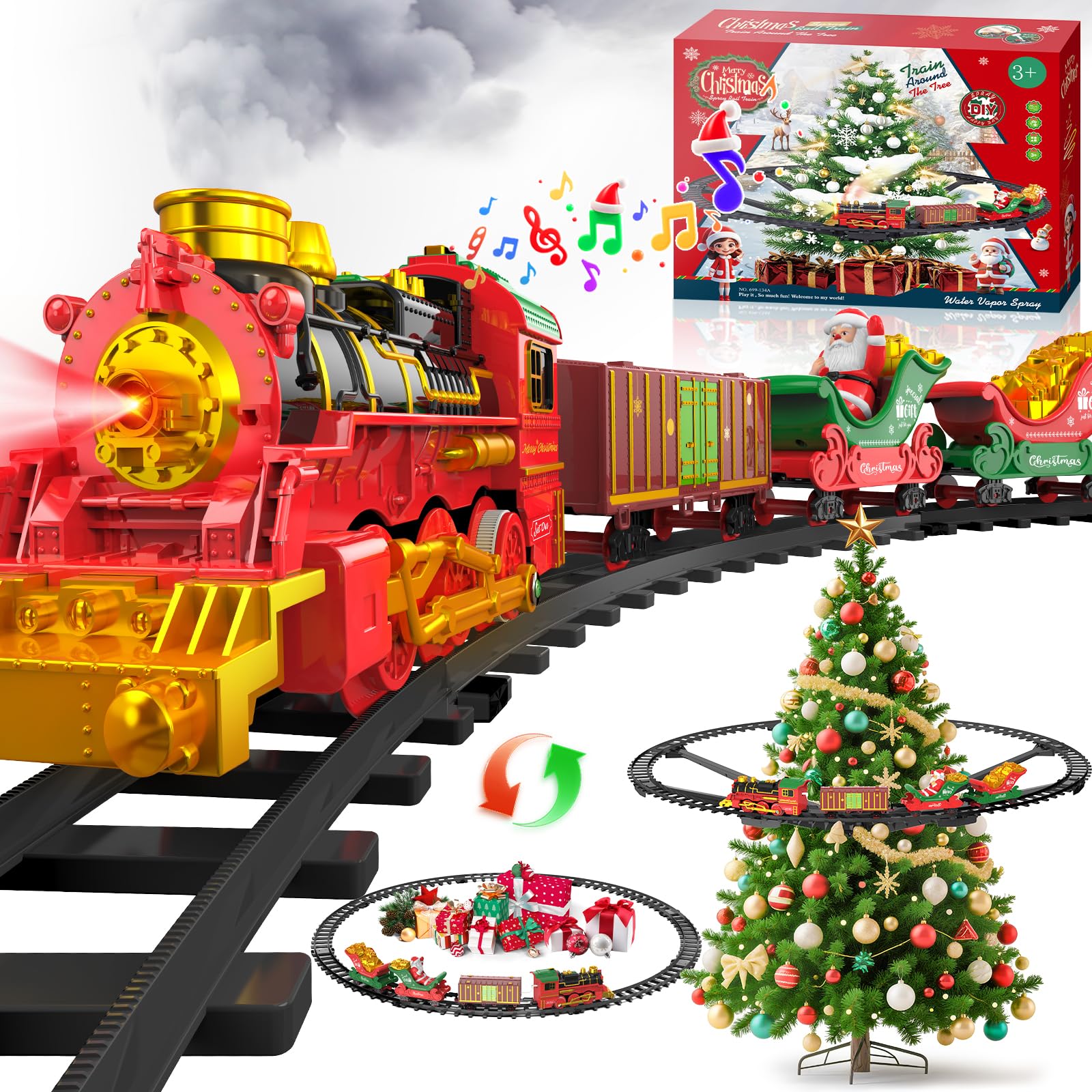 Hanging Christmas Train Set with Light/Smoke/Sound/Music, Toy Train Set Around U