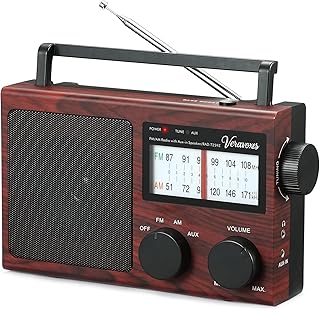 VERAVOXES Portable AM/FM Radio with Bass Control, Red Oak Wood Grain | Built‑in High‑Power Speaker, Headphone Jack, AUX Audio Input, Battery or AC Power Operation