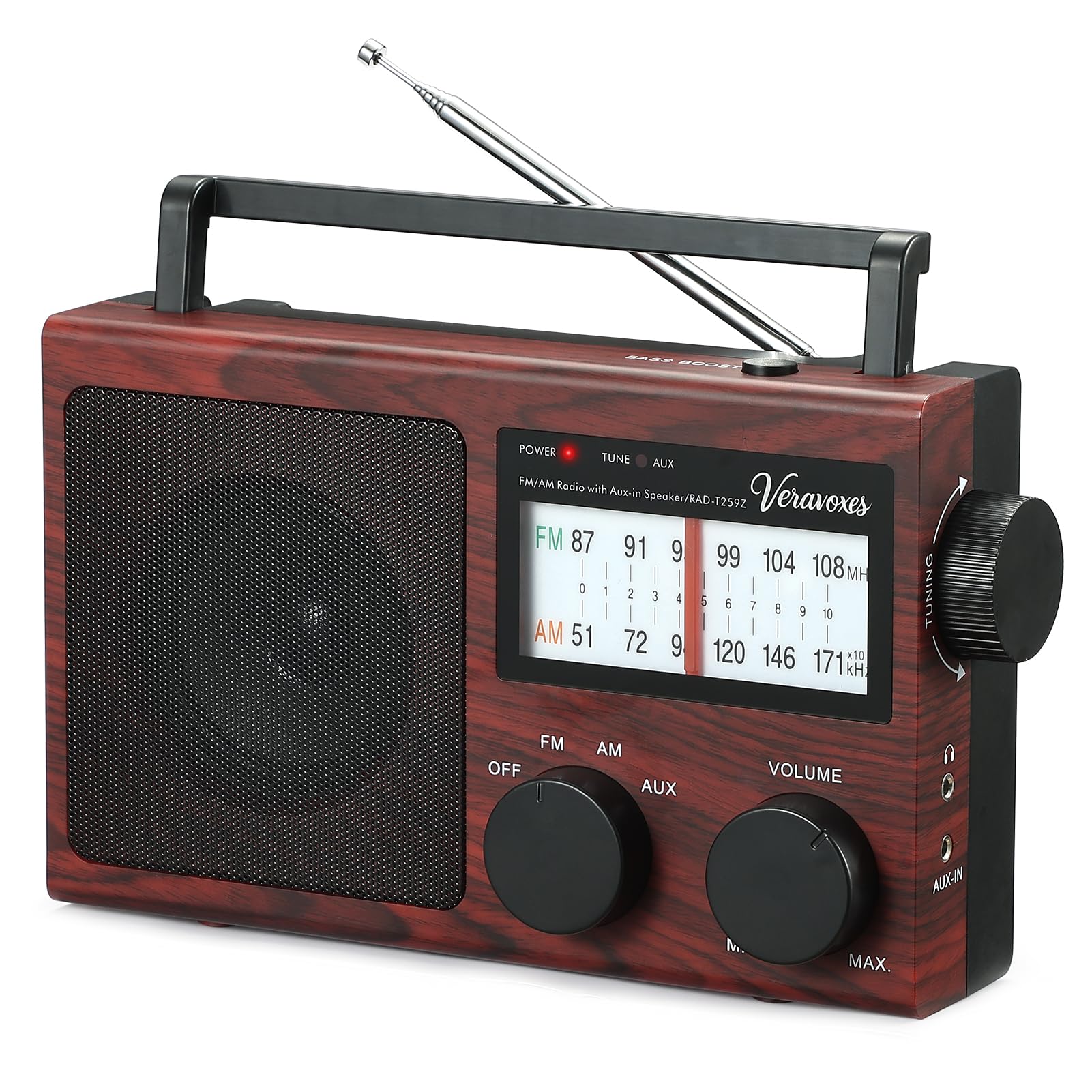 VERAVOXES Portable AM/FM Radio with Bass Control, Red Oak Wood Grain | Built‑in 
