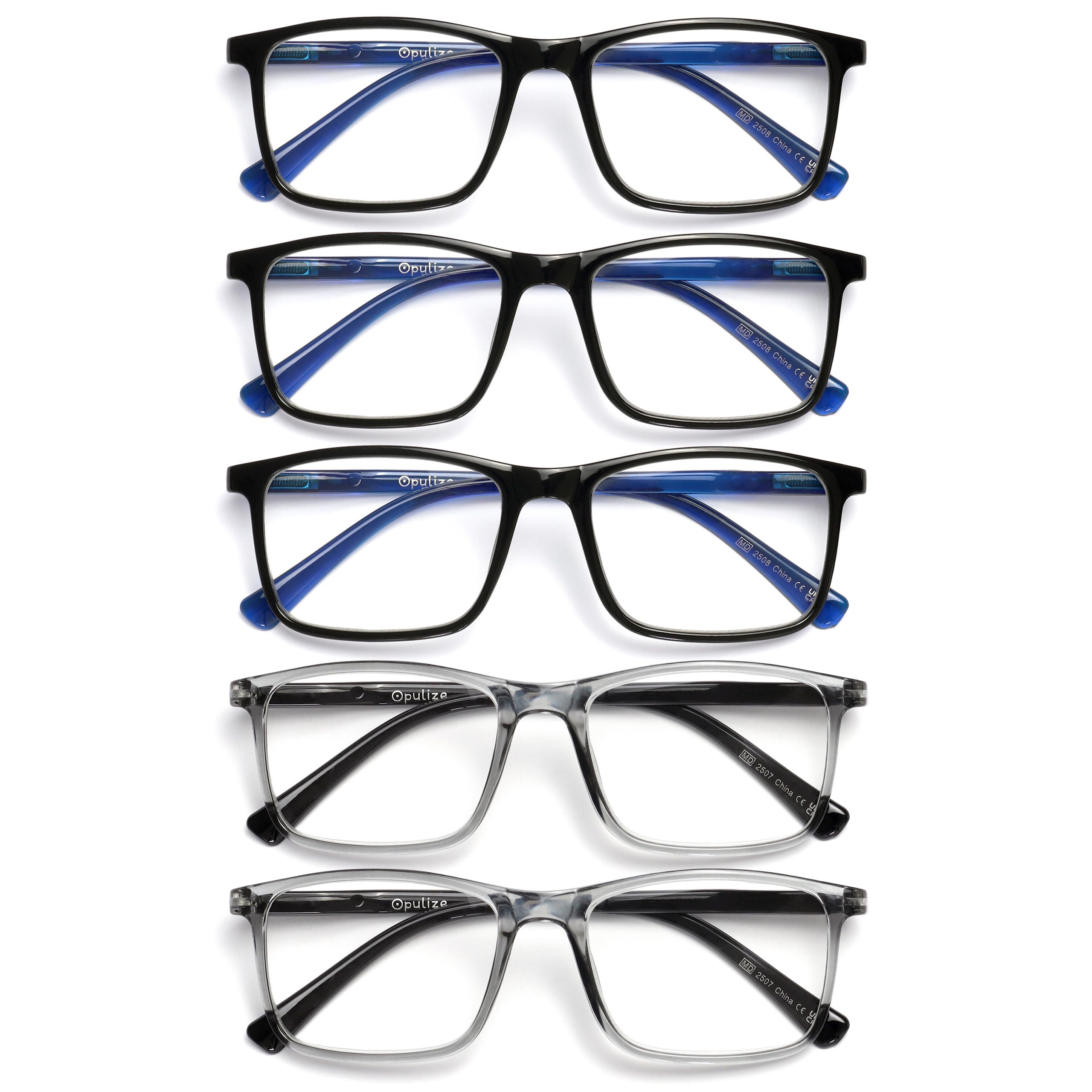 OPULIZE INK Reading Glasses - Value 5 Pack - Large Rectangular Frame - Spring Hi