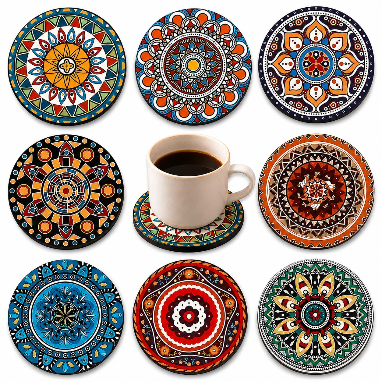 8-Piece Heat Resistant Non-Slip Coasters, Colorful Drink Mats for Coffee Table, 