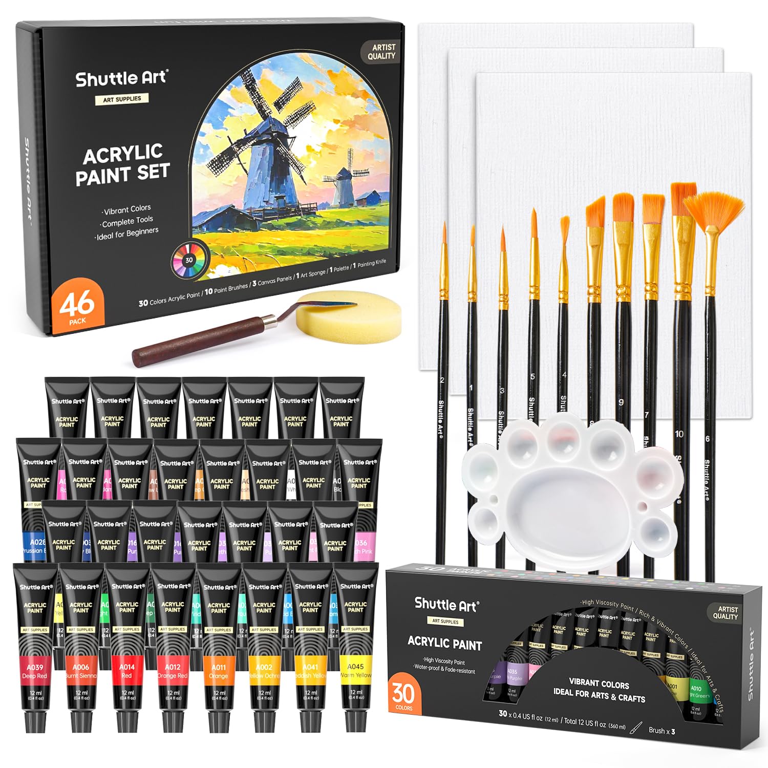 Shuttle Art 46 Pack Acrylic Paints Set, 30 Colours Acrylic Paint