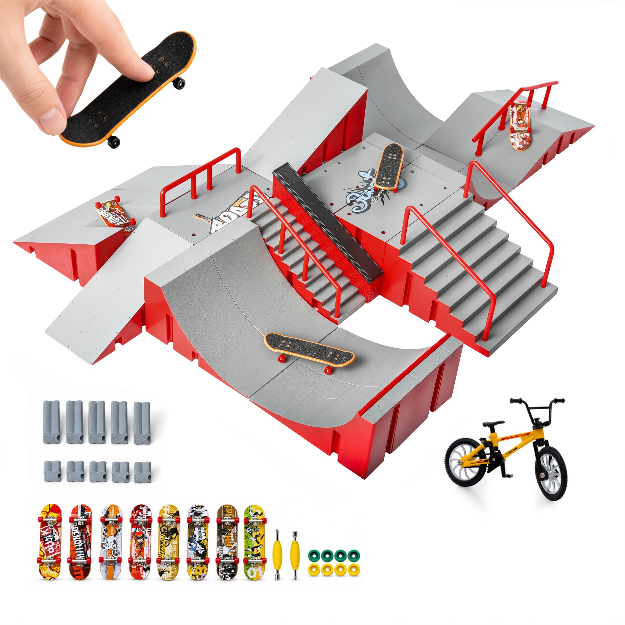 14-in-1 Fingerboard Skatepark Set with 8 Finger Skateboards and Finger Bike | Mo