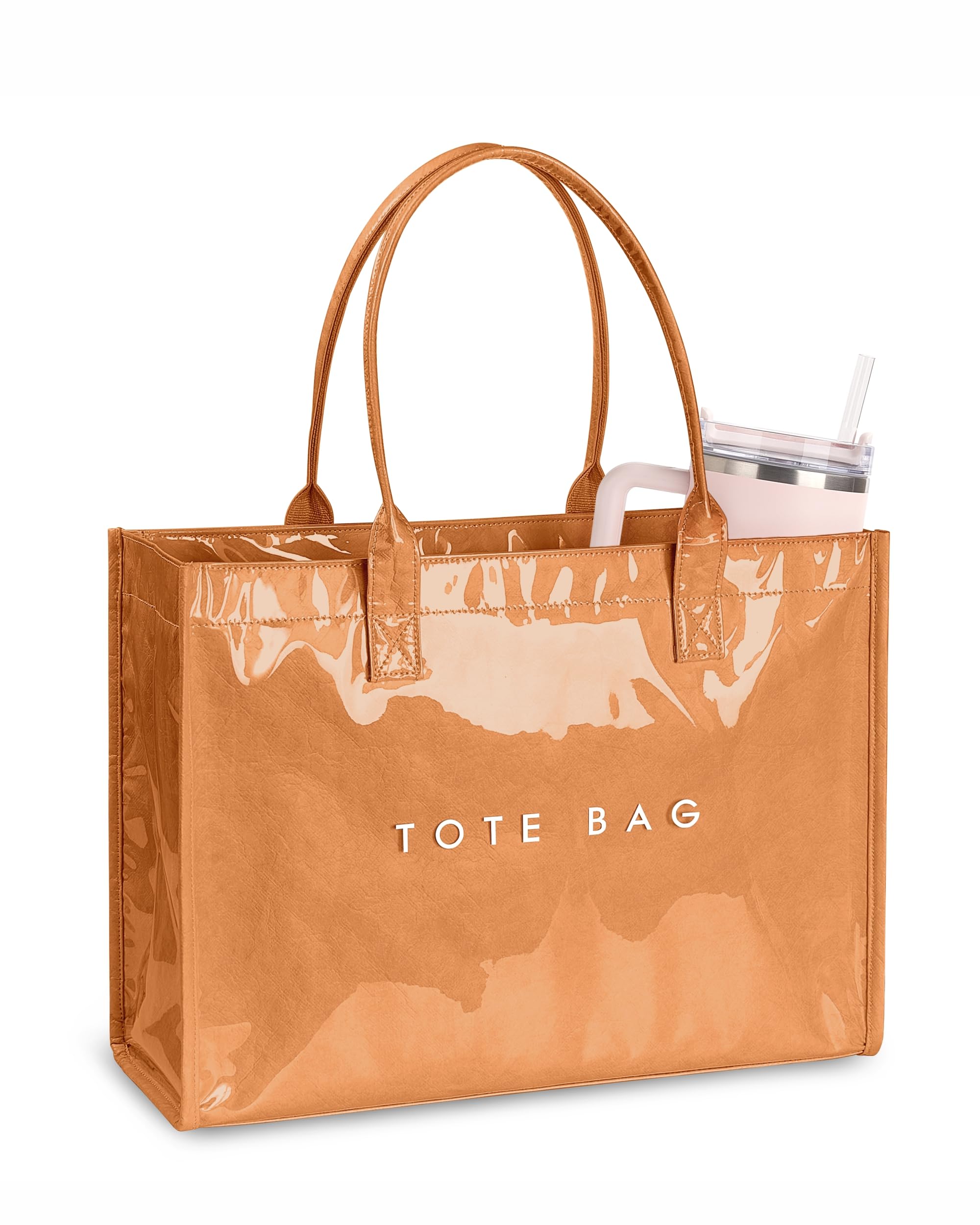 NPBAG PVC Tote Bag for Women, Kraft Paper Handbag Beach Tote with Letter Print, 